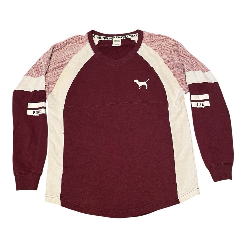 Victoria's Secret PINK Burgundy Cream Long Sleeve Raglan Varsity Top Size S